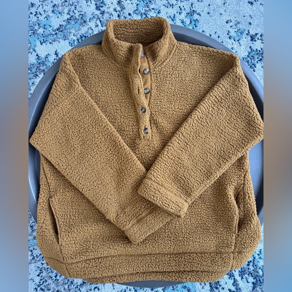 Aerie Sherpa Quarter Button Up Pullover Top Fuzzy Warm Burnt Orange Size L - Picture 3 of 8